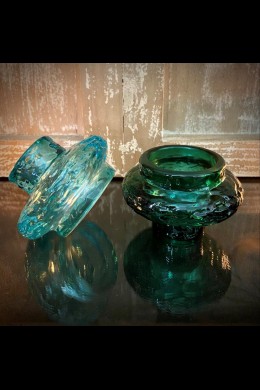 3" H x 3"L SET OF 2 EMERALD & ICE GLASS VOTIVE/TAPER CANDLE HOLDER [481541]